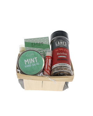 Pitmaster's Hands bundle in wooden berry basket with Rinse Mint Hand Salve, bar soap and Lane's Brisket rub