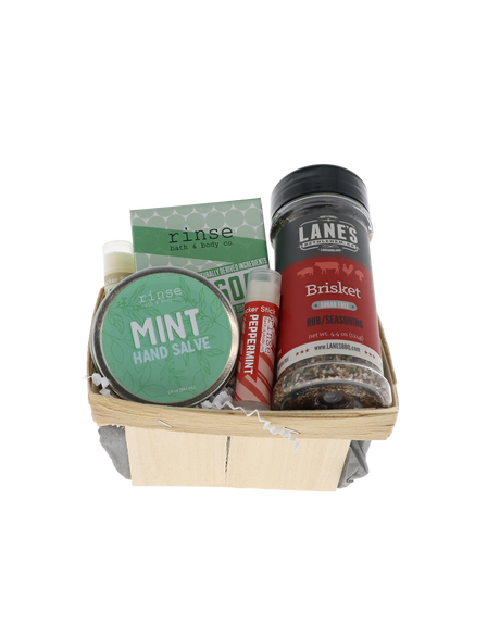 Pitmaster's Hands bundle in wooden berry basket with Rinse Mint Hand Salve, bar soap and Lane's Brisket rub