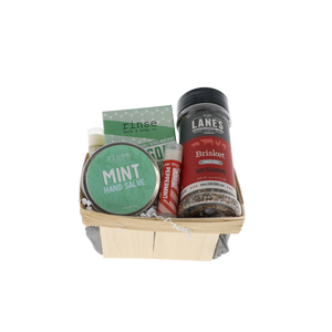 Pitmaster's Hands bundle in wooden berry basket with Rinse Mint Hand Salve, bar soap and Lane's Brisket rub