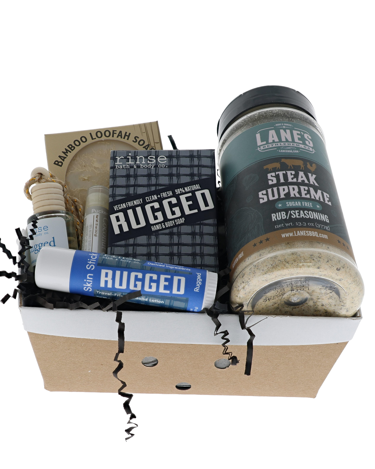 Rugged Grill Master gift crate with Rinse soap, skin stick, car diffuser and Lane's Steak Supreme rub