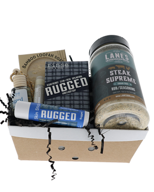Rugged Grill Master gift crate with Rinse soap, skin stick, car diffuser and Lane's Steak Supreme rub