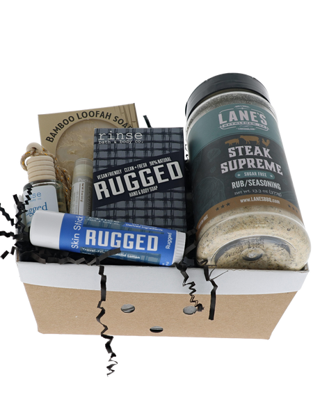 Rugged Grill Master gift crate with Rinse soap, skin stick, car diffuser and Lane's Steak Supreme rub