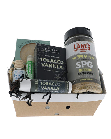 Tobacco Vanilla crate with Rinse soaps, diffuser, skin stick and Lane's SPG rub