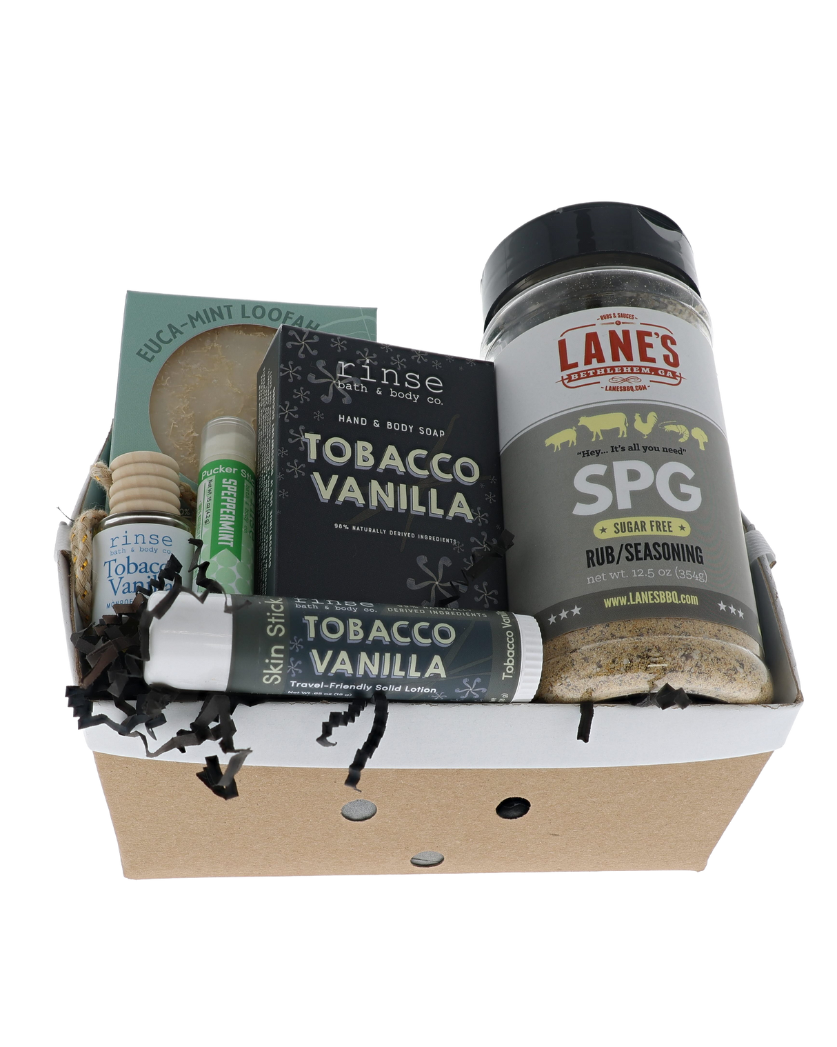 Tobacco Vanilla crate with Rinse soaps, diffuser, skin stick and Lane's SPG rub