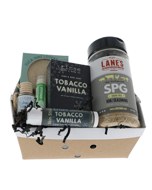 Tobacco Vanilla crate with Rinse soaps, diffuser, skin stick and Lane's SPG rub