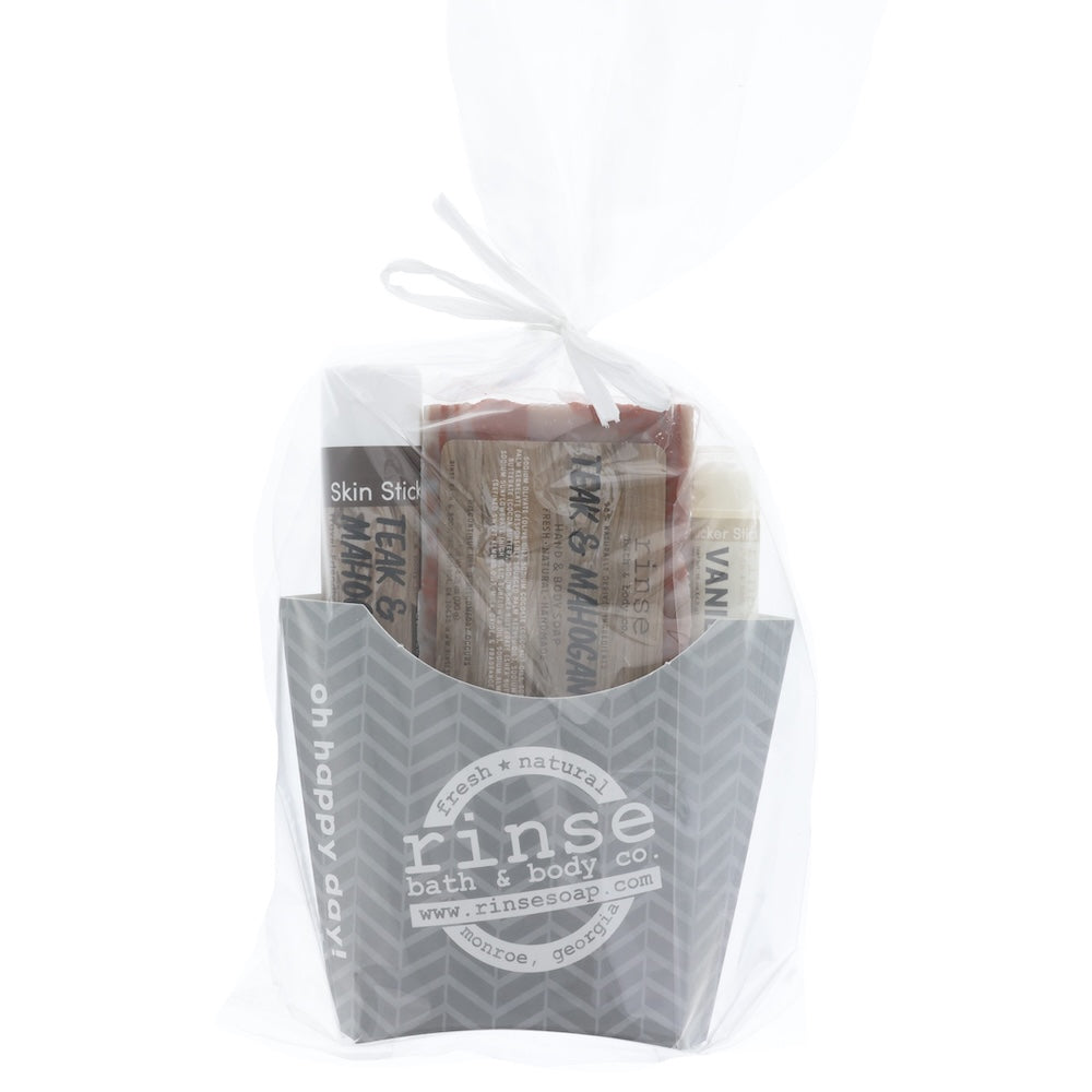 Grey chevron Teak & Mahogany fry-box wraps in cellophane — soap, Skin Stick, and Vanilla Pucker Stick with white string