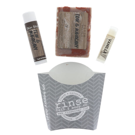 Teak and Mahogany gift pack in grey chevron fry-bag with soap, skin stick, and vanilla pucker stick