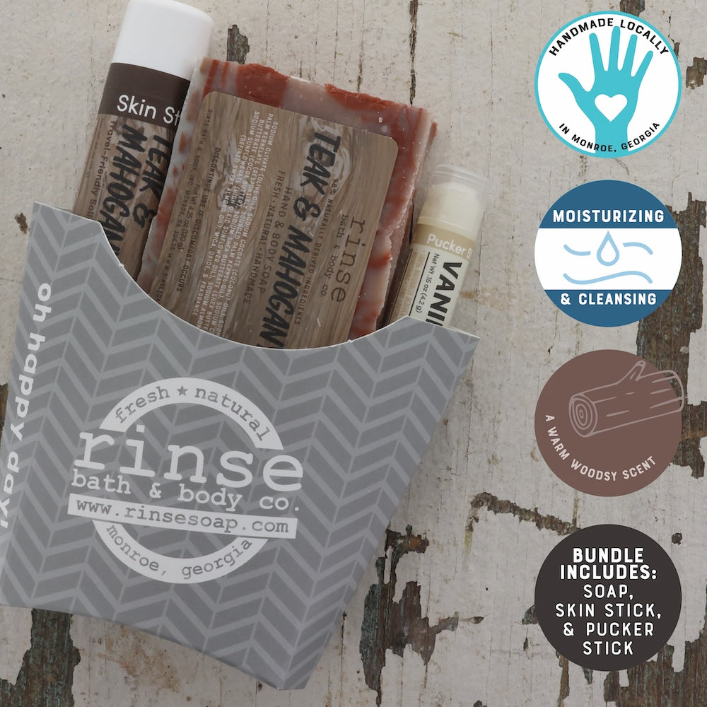 Teak and Mahogany gift pack in grey chevron fry-bag with soap, skin stick, and vanilla pucker stick