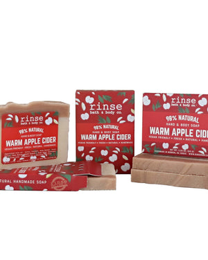 Warm Apple Cider mini bar soap — a half-size bar of spiced apple and clove, sized for travel, guest baths and stocking stuffers. Rinse Bath & Body Co.