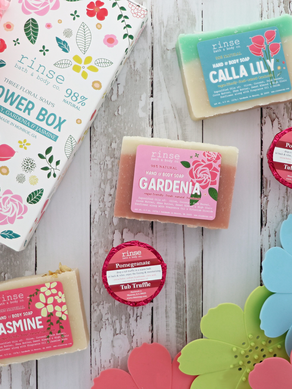 Flower Box gift with Jasmine Gardenia and Calla Lily soaps — paper blooms on whitewashed wood