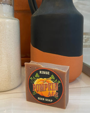 Pumpkin Ale bar soap styled for fall — brewed with real pumpkin ale for a malty, spiced bar that lathers thick and creamy. Rinse Bath & Body Co.