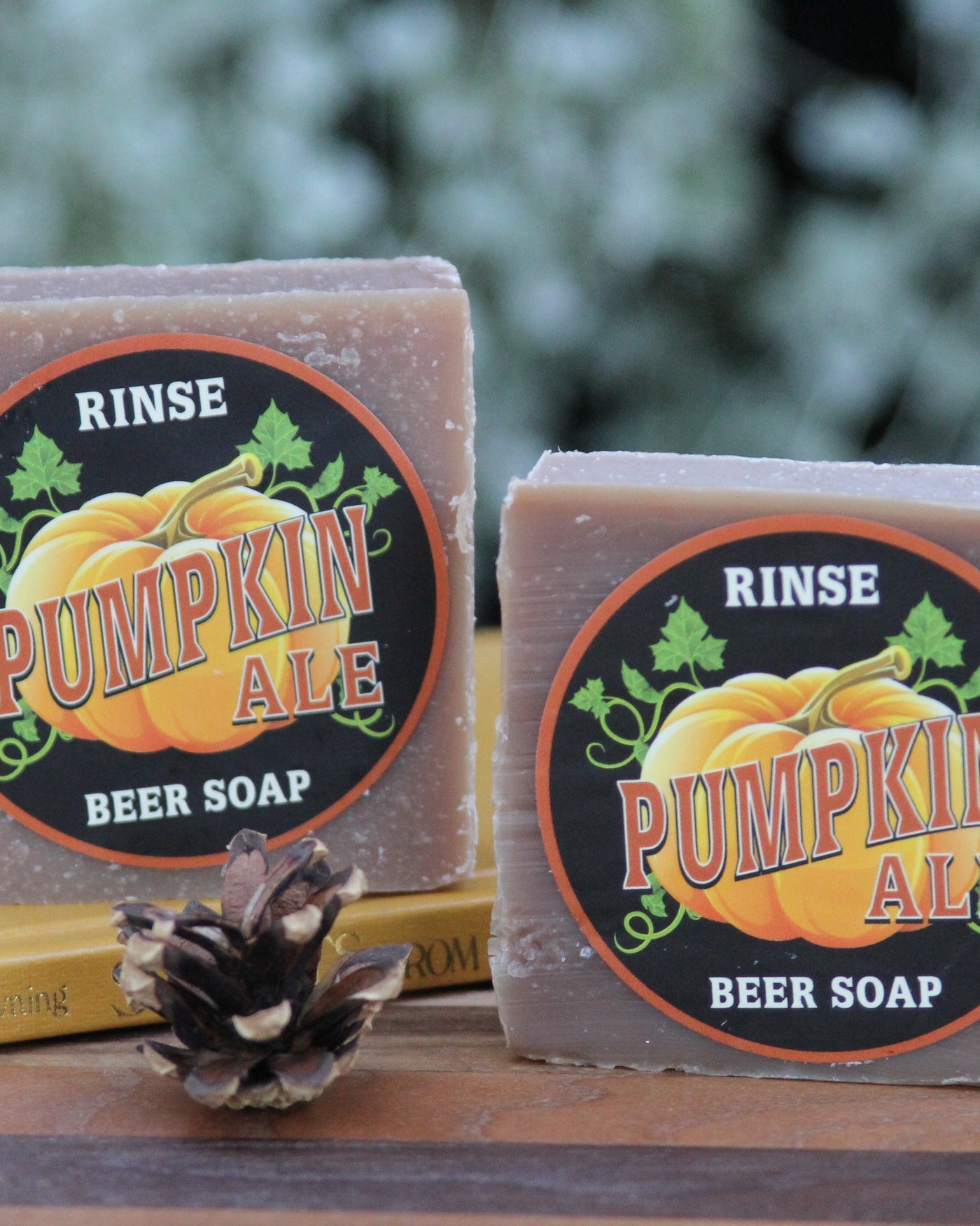 Pumpkin Ale beer soap in use, worked into a rich lather — the barley and hops that make beer soap so conditioning on skin. Rinse Bath & Body Co.