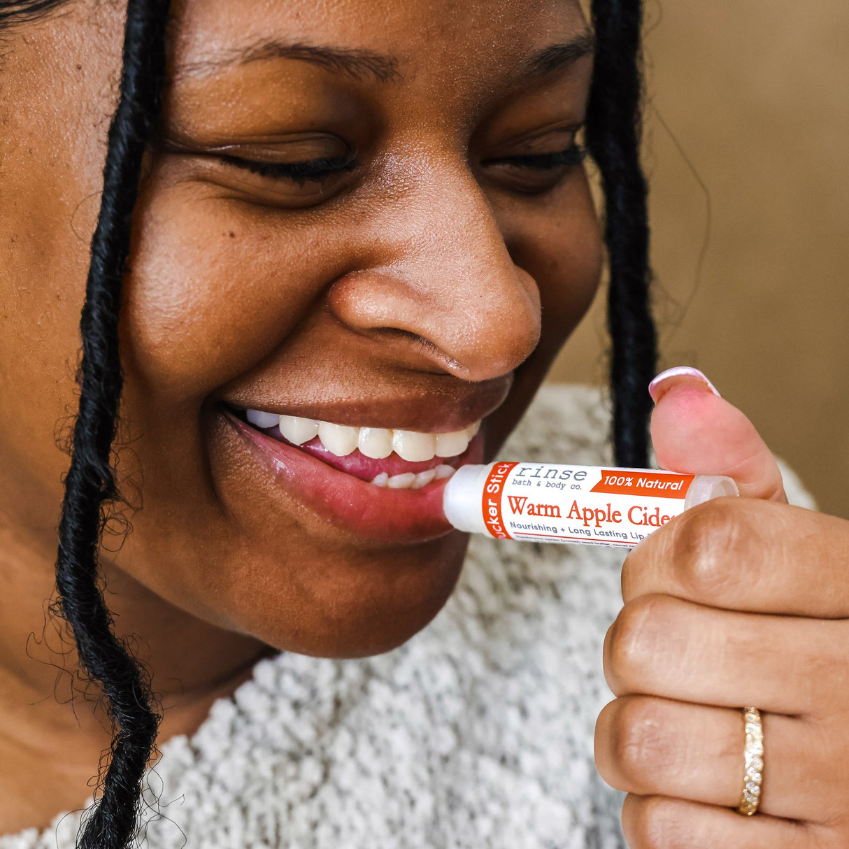 Warm Apple Cider Lip Balm in use — Rinse Bath & Body Co.