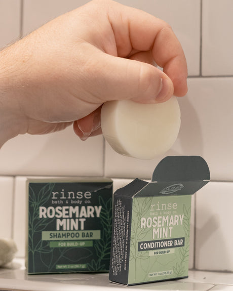 Rosemary Mint Conditioner Bar in use — Rinse Bath & Body Co.