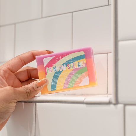 Rainbow Sherbet handmade natural bar soap from Rinse - paraben-free since 2003 - detail view