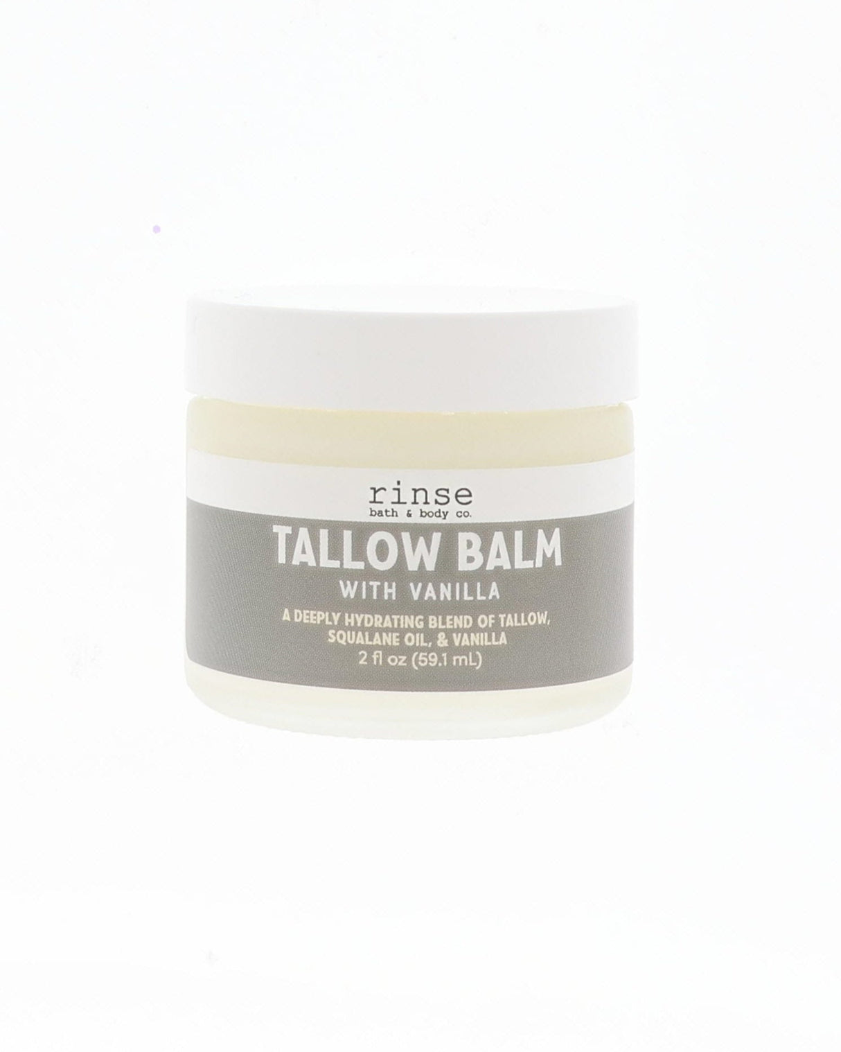 A small white plastic jar of Rinse Tallow Balm with Vanilla on a solid white background.