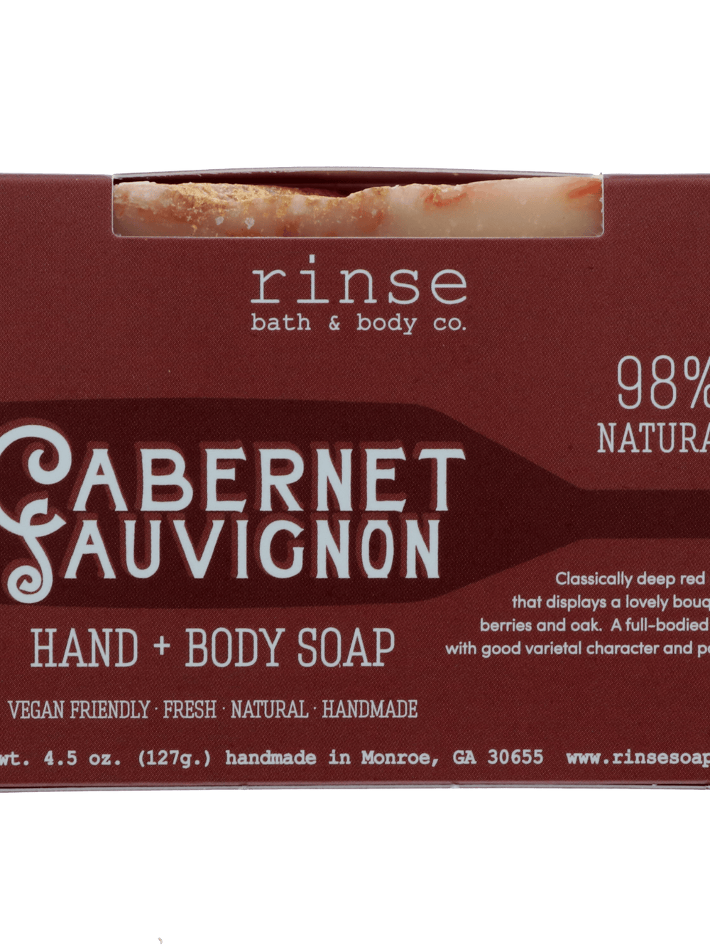 Cabernet Sauvignon soap carton on sage green — burgundy window showing peach-red marble bar