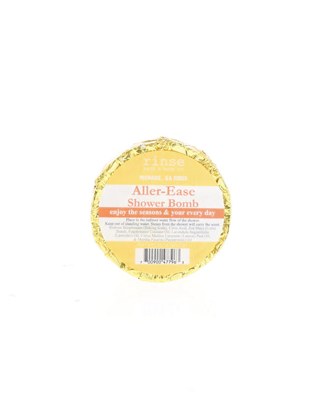 Aller-Ease Shower Bomb sits wrapped in foil with its current Rinse label; shown for display; listing is for one (1)