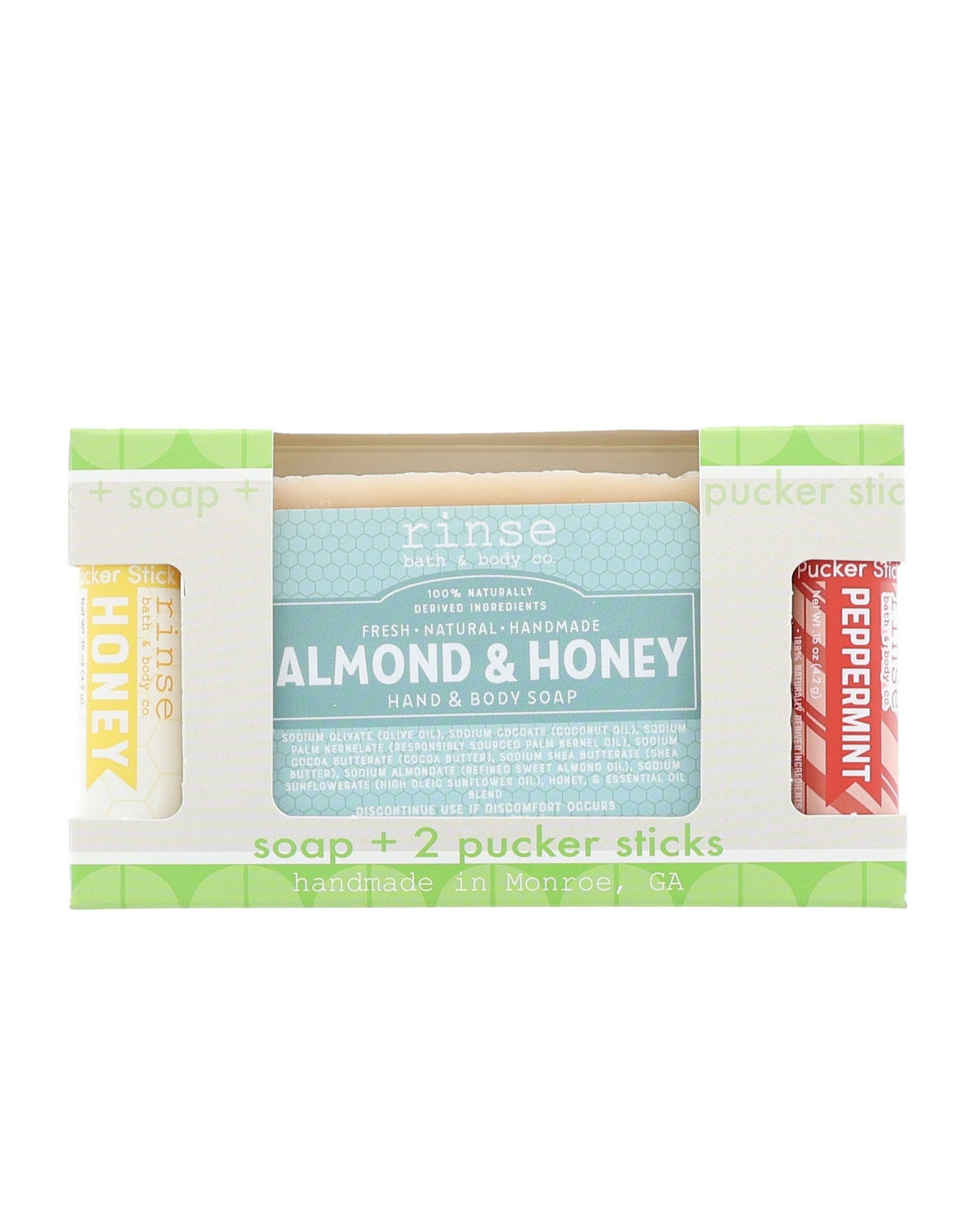 Almond & Honey soap with Honey and Peppermint Pucker Sticks nestled in a scalloped green window gift box