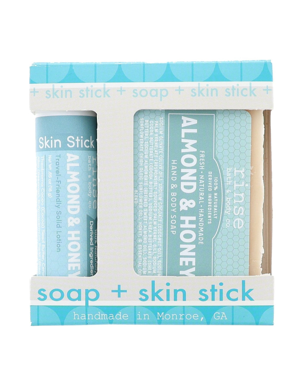 Almond & Honey Hand & Body Soap and Almond & Honey Skin Stick nestled in a scalloped window gift box