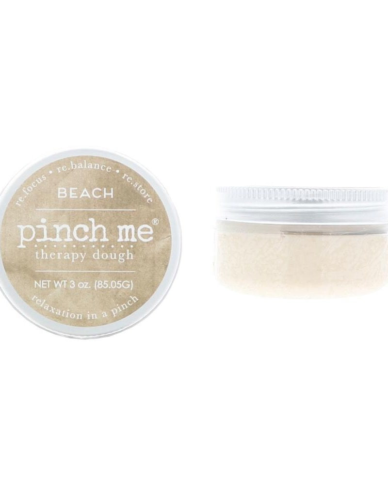 Beach Pinch Me Therapy Dough tin standing on bright white — scented stress-relief dough in branded metal tin.