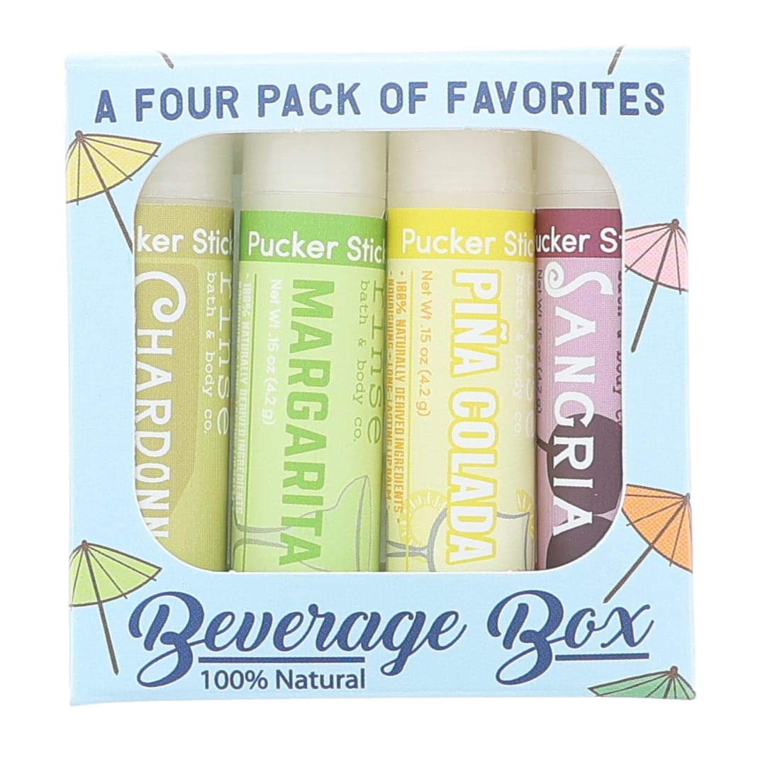 Beverage Box four-pack of Pucker Sticks on bright white — Chardonnay Margarita Piña Colada Sangria in window