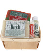 Birch & Holiday Spruce berry till flat lay — Birch and Holiday Spruce soaps with Peppermint Pucker Stick and Sweet Vanilla Skin Stick in a wooden till