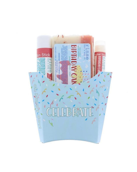 Birthday Fry Box standing on bright white — Celebrate confetti carton holding soap Skin Stick and Pucker Stick