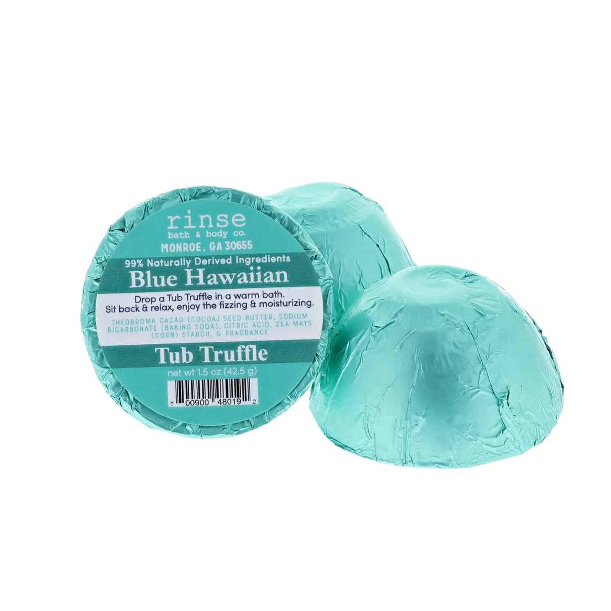 Rinse Blue Hawaiian bath bomb - fizzy moisturizing soak - detail view