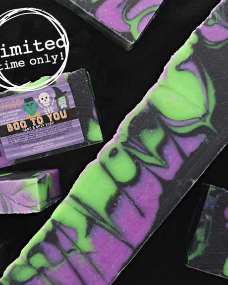 Boo To You Halloween bar soap with its ghost-print label — a spooky-season bar that still cleans like a Rinse bar. Rinse Bath & Body Co.