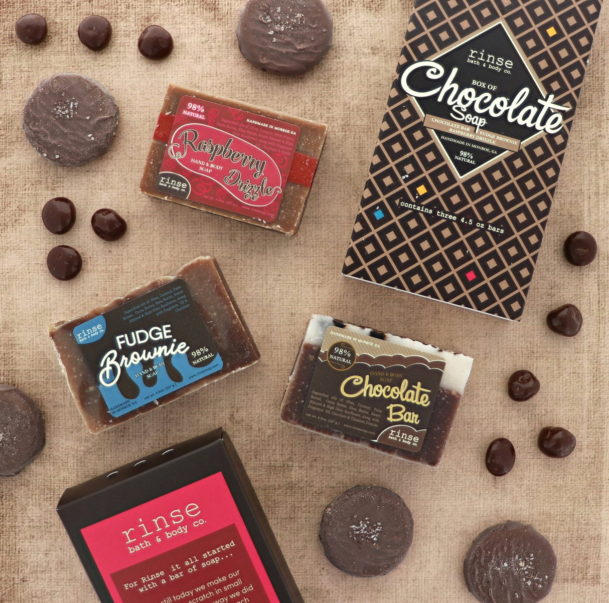 Handmade Box of Chocolate Soaps handmade natural bar soap - naturally derived - lifestyle shot