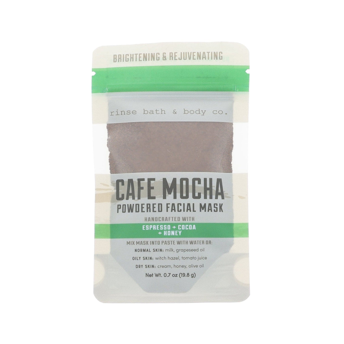 The Cafe Mocha Face Mask pouch, front label forward, on a plain white background. Rinse Bath & Body Co.
