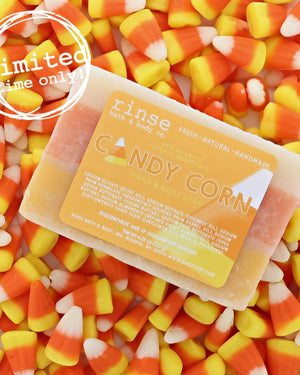 Candy Corn bar soap in its layered orange, yellow and white pour — a Halloween bar that looks like the candy and smells like vanilla sugar. Rinse Bath & Body Co.