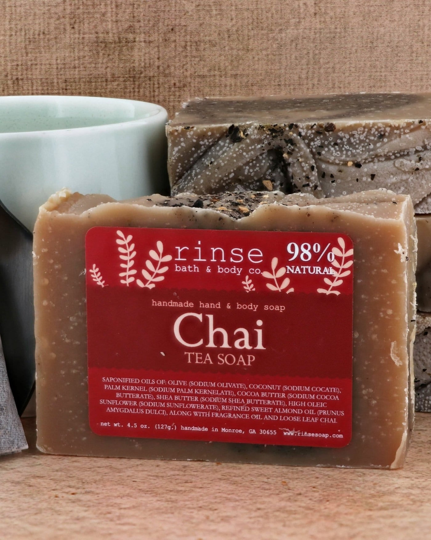 Chai Tea bar soap styled warm and close — spiced milk-tea sweetness in a hand-poured bar. Rinse Bath & Body Co.