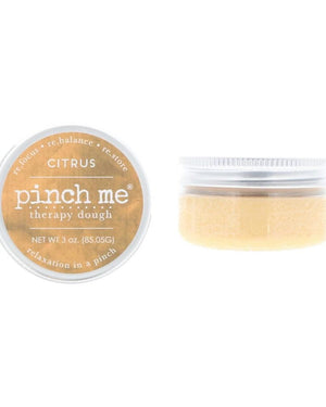 Citrus Pinch Me Therapy Dough tin standing on bright white — scented stress-relief dough in branded metal tin.