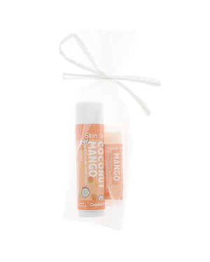 Coconut Mango Skin Stick and Mango Pucker Stick tied in a sheer white gift bag with a white ribbon bow