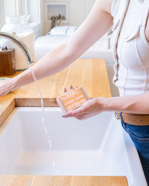 Coconut Mango Bar Soap in use — Rinse Bath & Body Co.