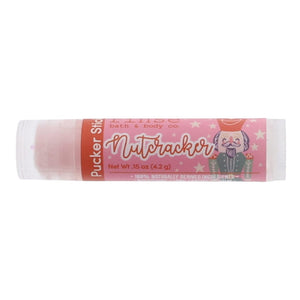 Nutcracker Pucker Stick stylized on bright white — pink star label and soldier art