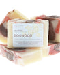 Stacked Cotton soap bars show cream pink brown marble — dogwood-blossom label crisp on clean bright white