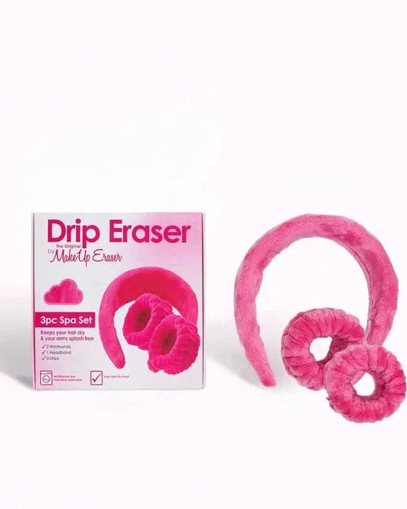 MakeUp Eraser Drip Eraser 3-piece spa gift set box with pink headband and wristbands.