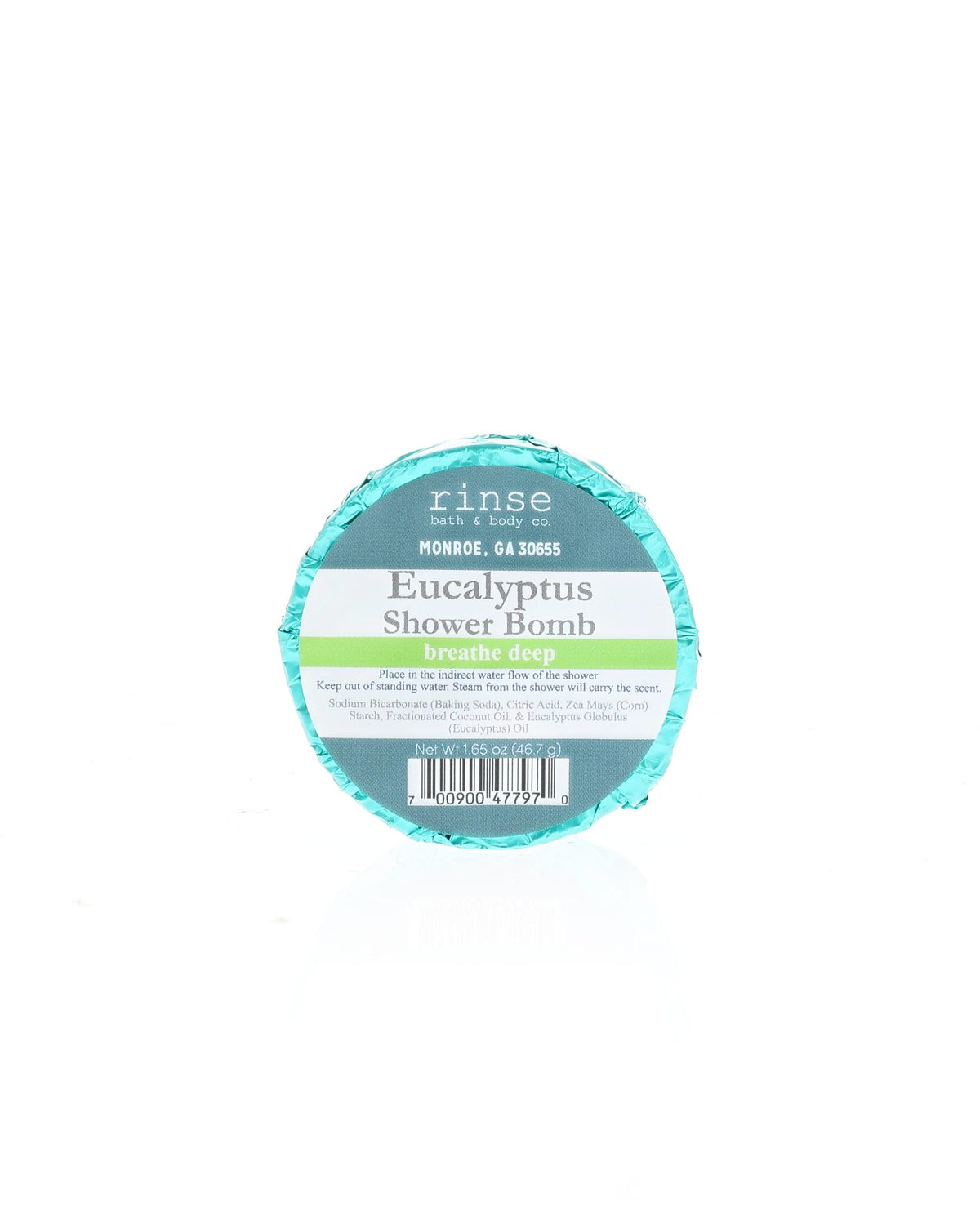 Eucalyptus Shower Bomb sits wrapped in foil with its current Rinse label; shown for display; listing is for one (1)