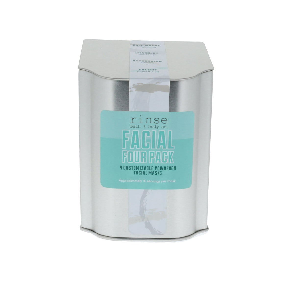 The Face Mask Gift Set in its silver Facial Concentrates box, front label forward, on a plain white background. Rinse Bath & Body Co.
