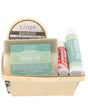 Fresh & Clean berry till flat lay — Fresh Fig and Bamboo soaps with Peppermint Pucker Stick and Fresh Fig Skin Stick in grey tissue