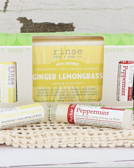 Ginger Lemongrass soap with Ginger Lemongrass and Peppermint Pucker Sticks in a scalloped green window gift box on crocheted cloth
