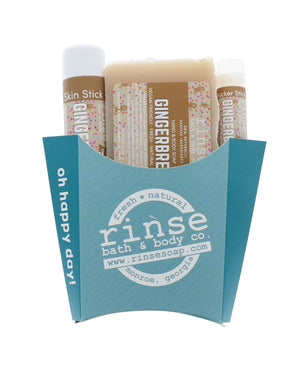 Teal oh-happy-day fry carton open with Gingerbread soap Skin Stick and Pucker — warm spice labels on bright white