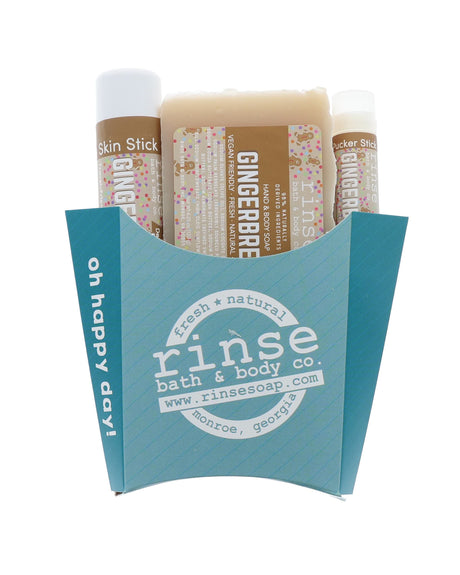 Teal oh-happy-day fry carton open with Gingerbread soap Skin Stick and Pucker — warm spice labels on bright white
