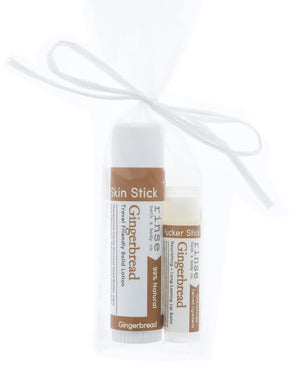 Gingerbread Skin Stick and Pucker Stick tucked in sheer white mesh — warm brown labels on bright white — 4:5 card crop