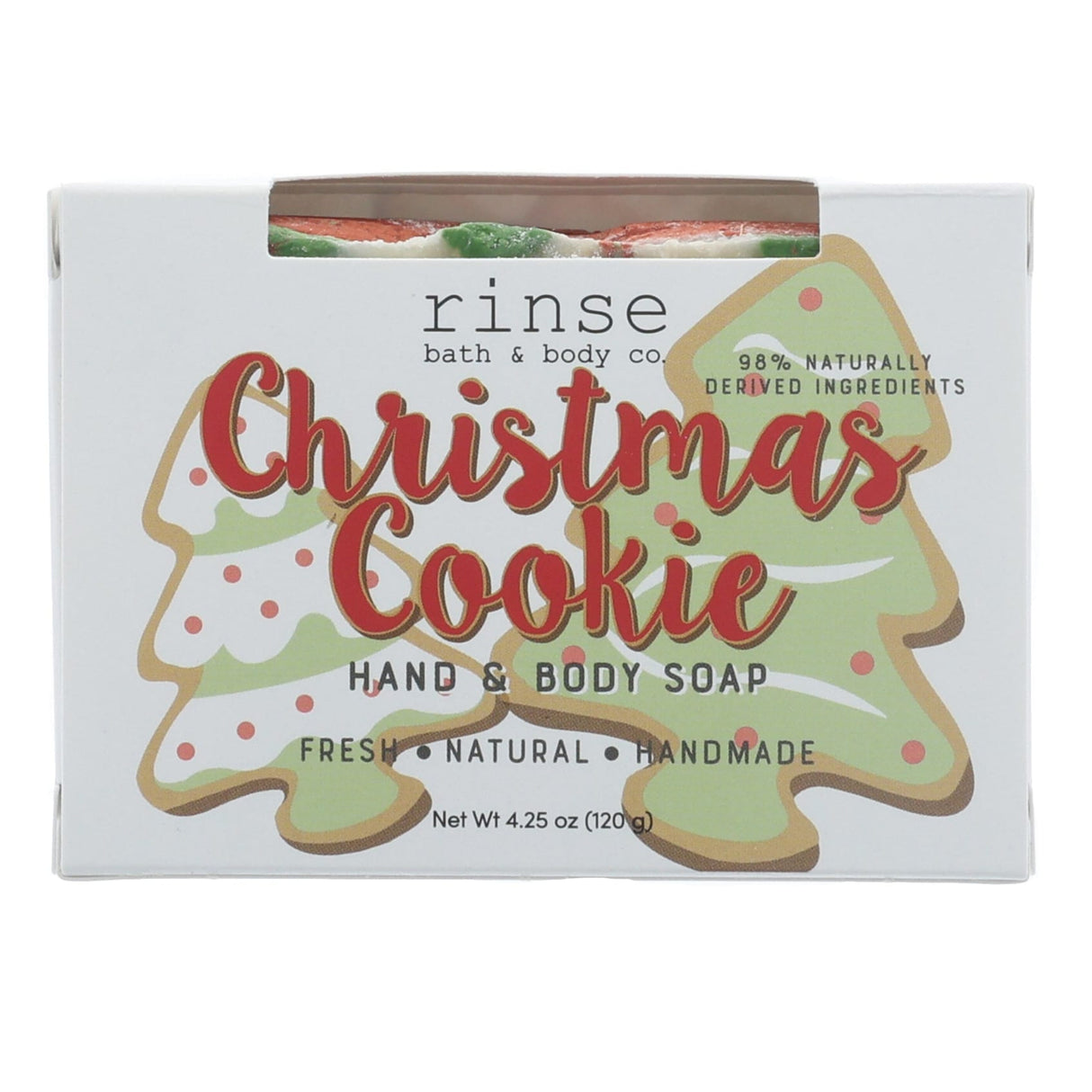 The Christmas Cookie bar in its tree-shaped holiday wrap — sugar-cookie sweet, ready to tuck into a stocking. Rinse Bath & Body Co.