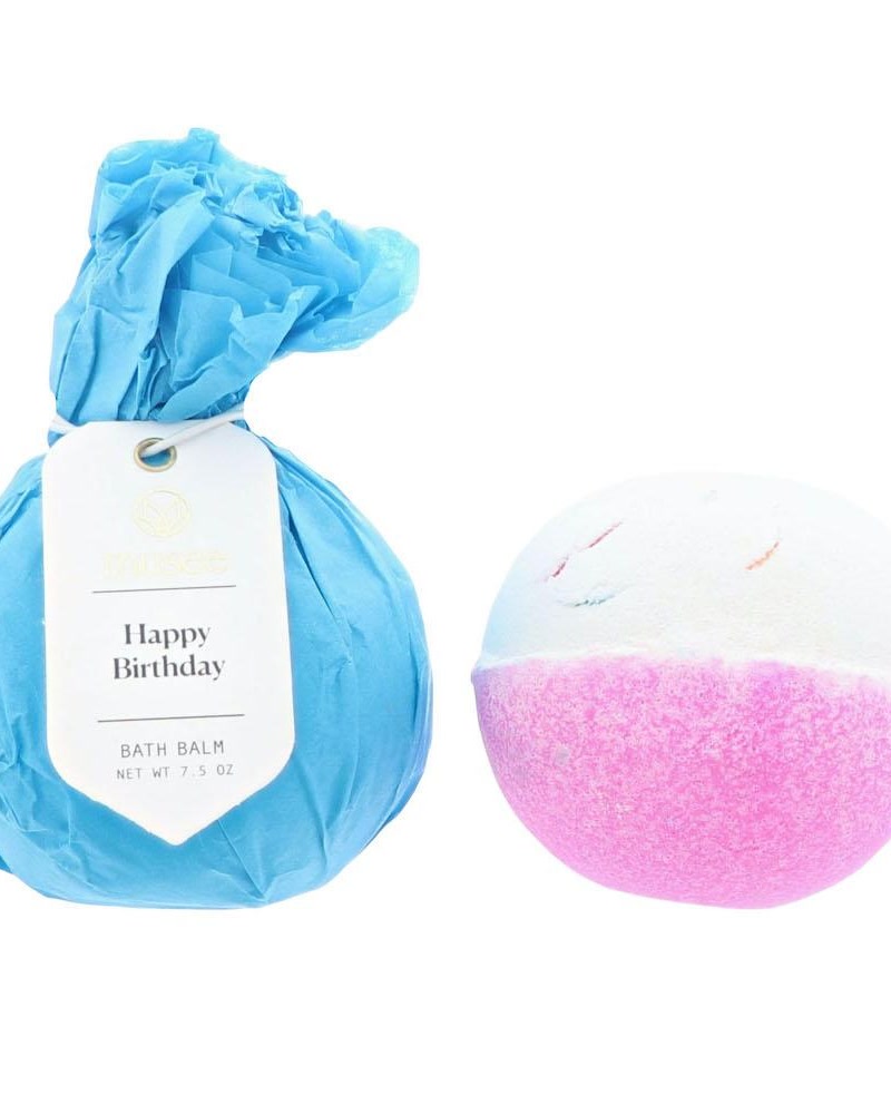 Happy Birthday Blue bath balm wrapped pack on bright white — Musée fizzy moisturizing soak.