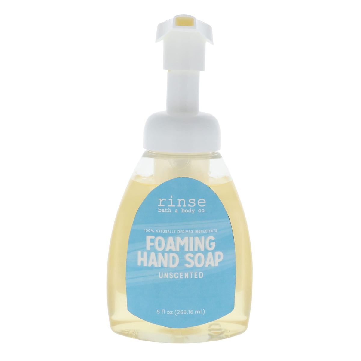 Unscented foaming hand soap bottle stands centered — light-blue label and amber liquid on white